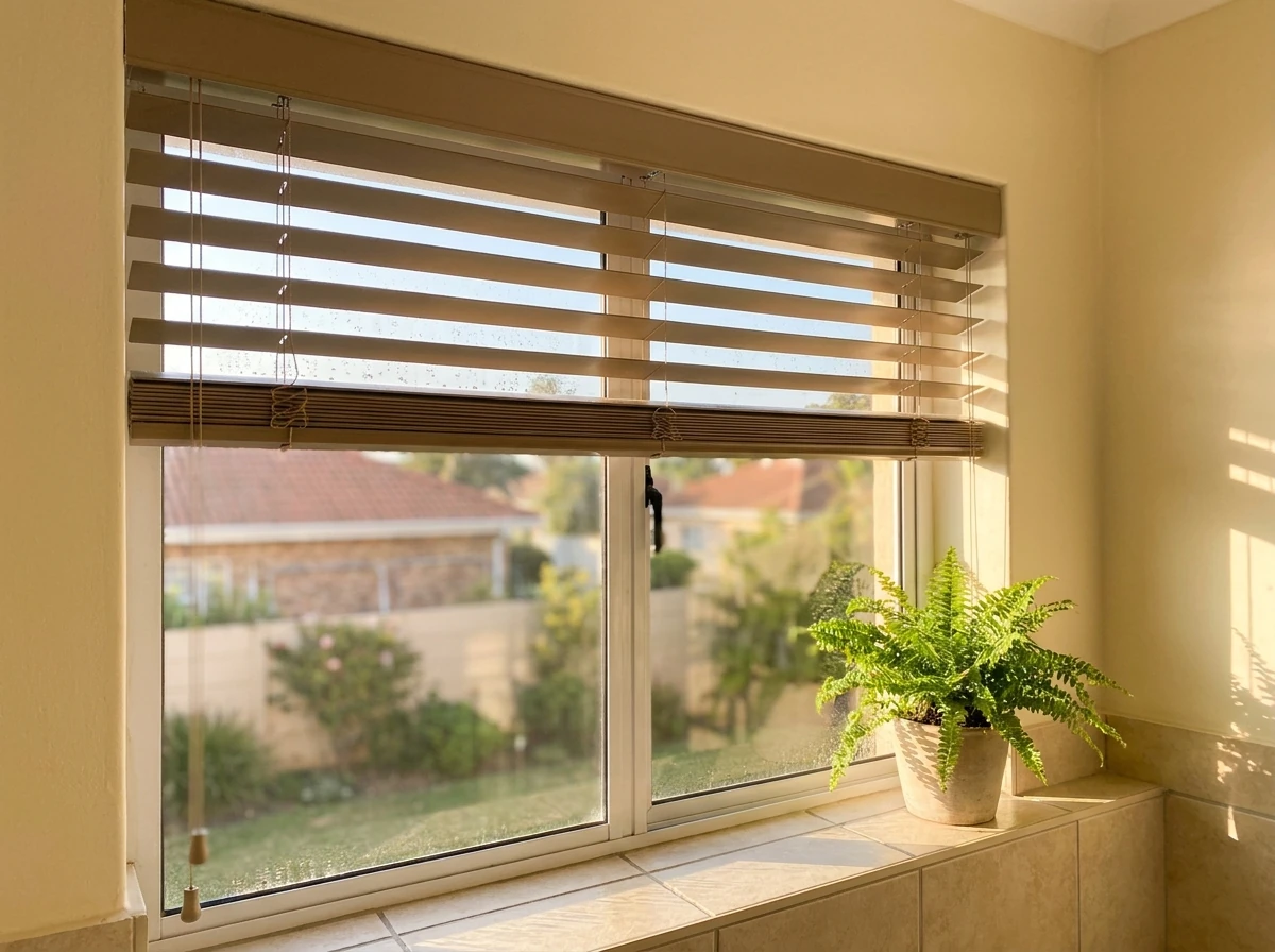 Aluminium venetian blind with tilted slats in a bathroom window of a family home in Bellville, Cape Town, morning light