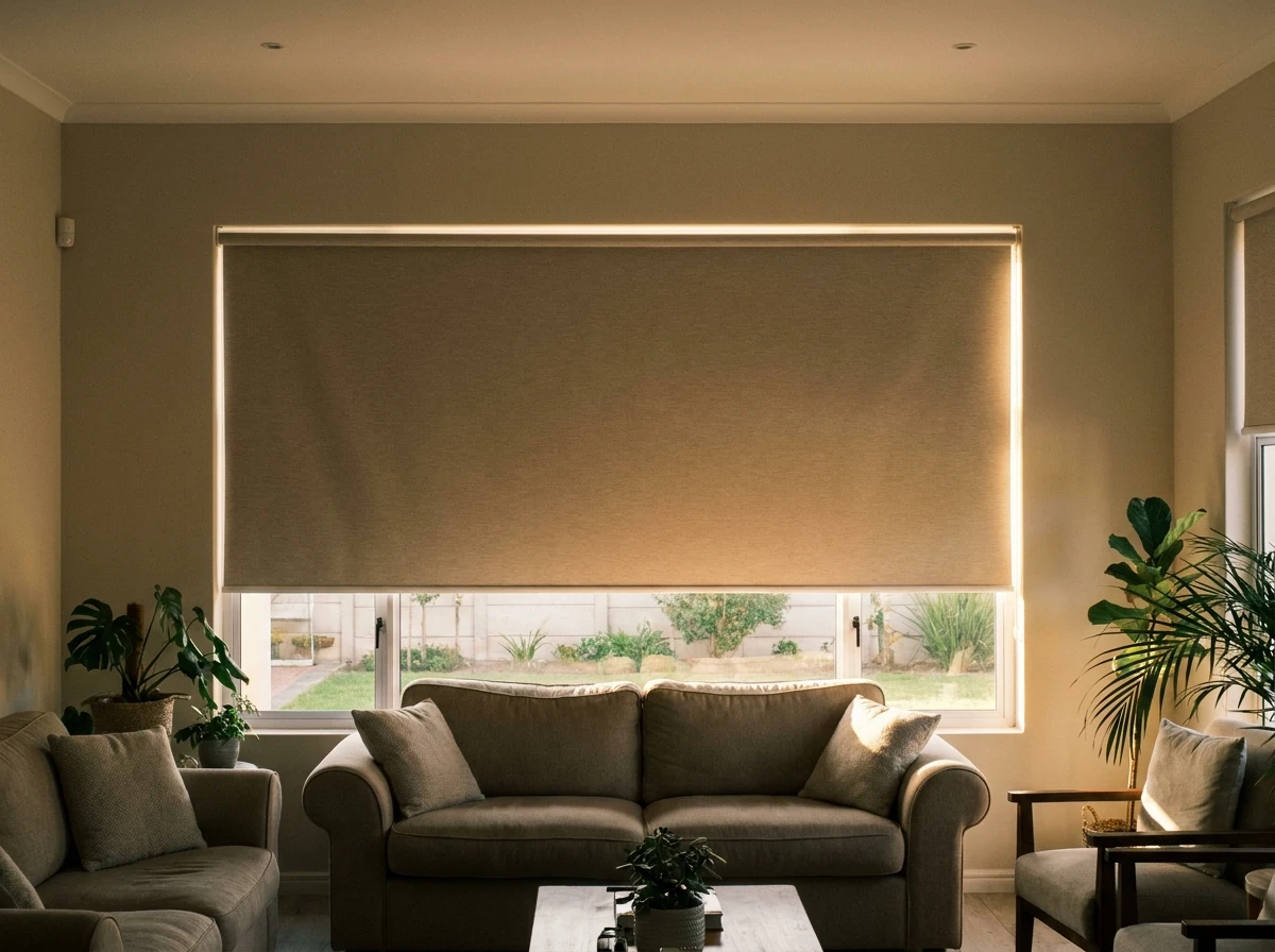 Blockout roller blind lowered over a lounge window in a family home in Brackenfell, Cape Town, warm morning light at the fabric edges