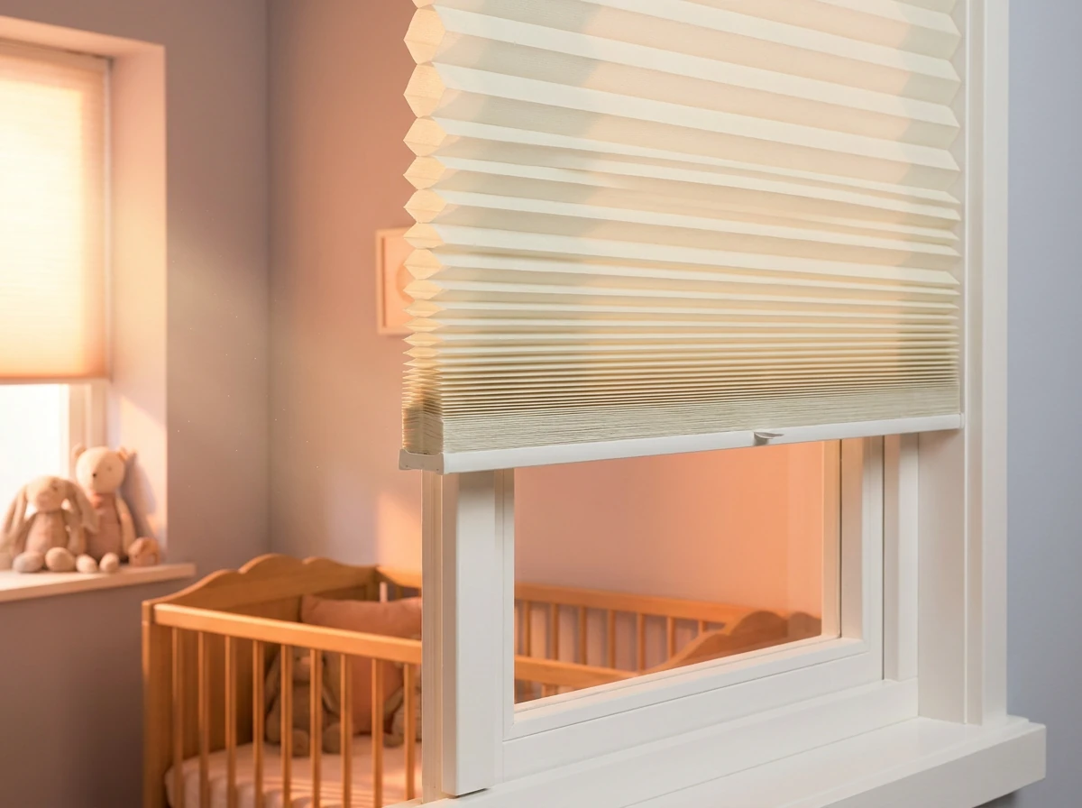 Cellular honeycomb blind with visible hexagonal cells lowered over a nursery window in a compact new-estate Kraaifontein home