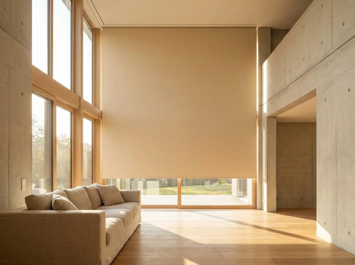 Concealed ceiling-recessed roller blind dropping cleanly across a tall window in a modern double-volume Kraaifontein living room