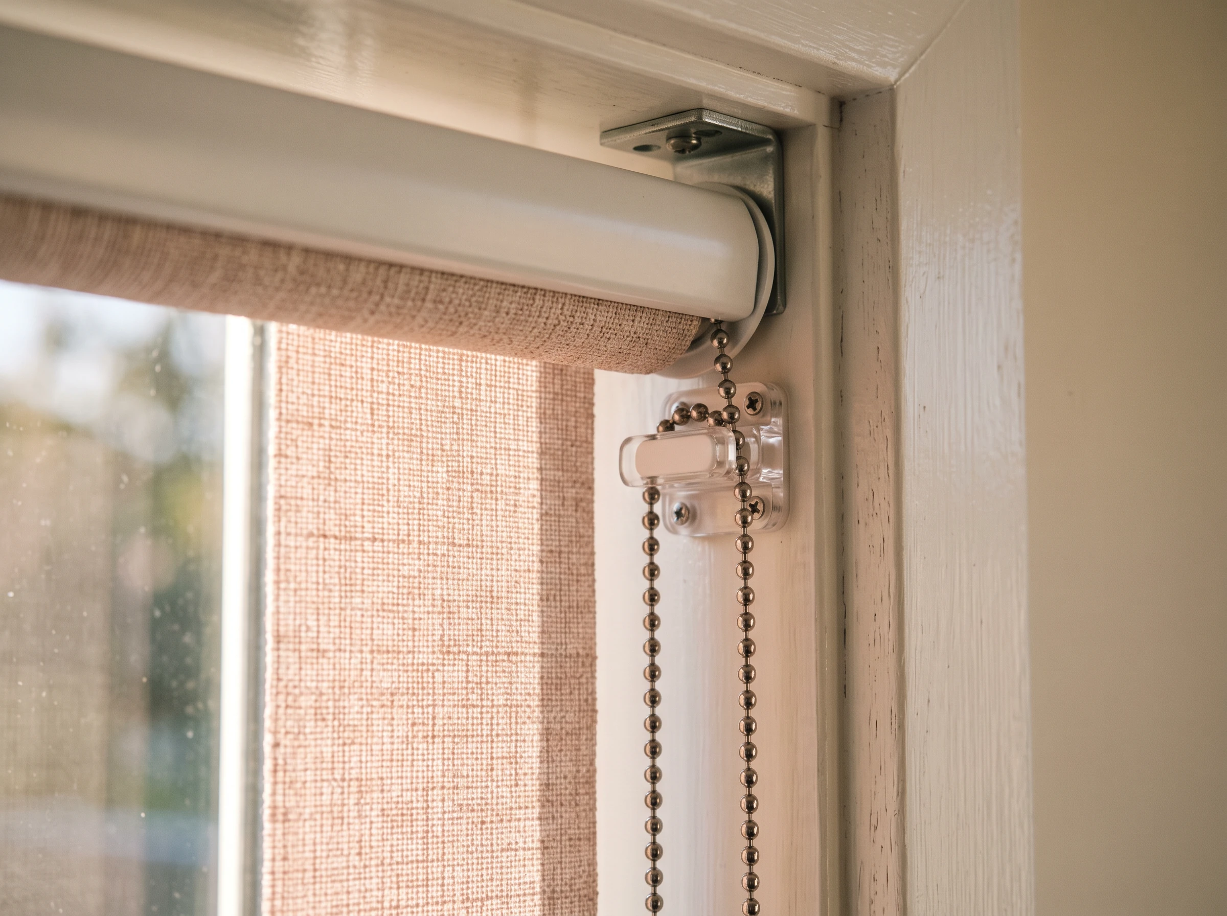Roller blind headrail and chain tensioner detail fixed to a window frame bracket, warm morning light across the fabric weave