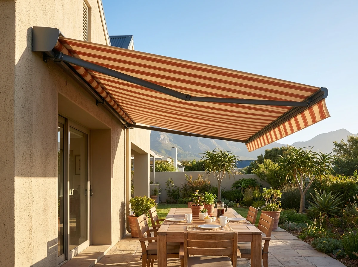 Folding-arm fabric awning extended over a family patio table and built-in braai in a Kraaifontein back garden