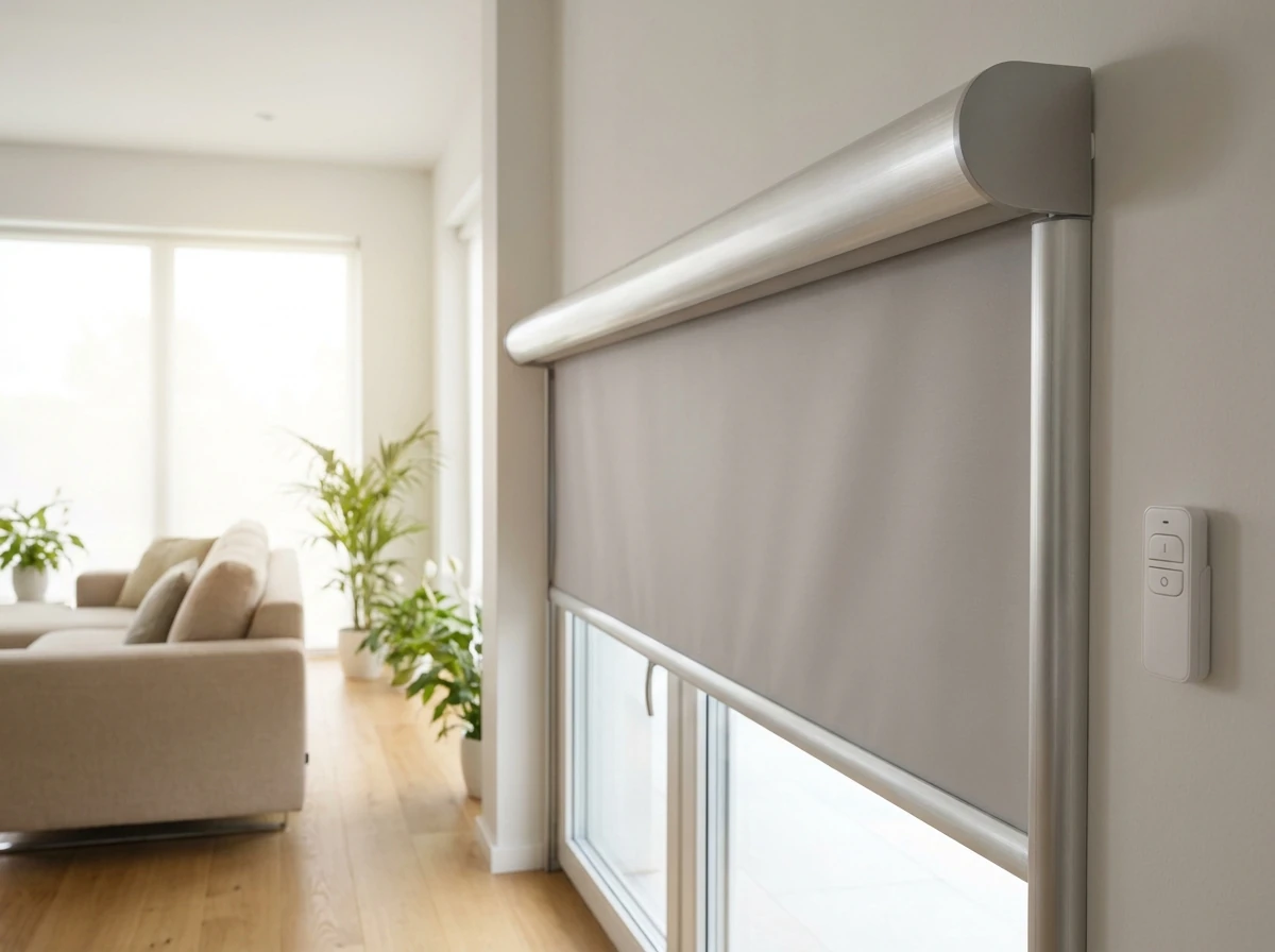 Motorised roller blind tube with a wall-mounted remote control in a bright new-build Kraaifontein family living room