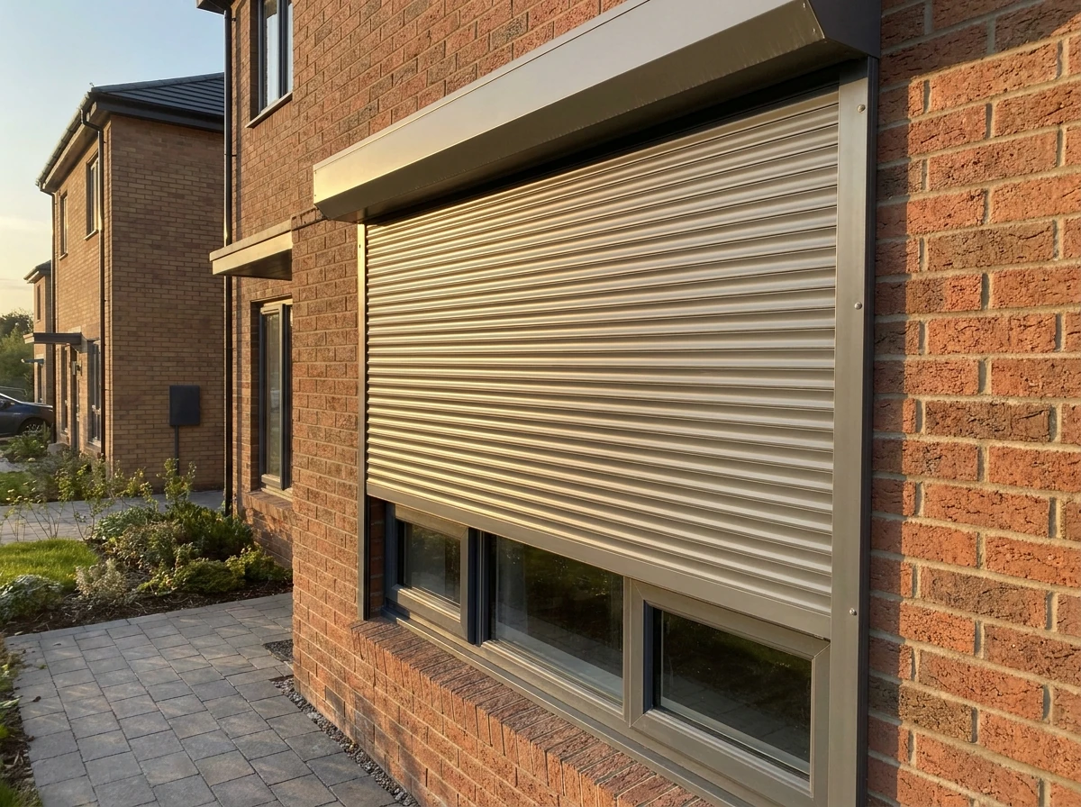 External aluminium roller shutter partly lowered from a headbox outside a Kraaifontein family home window