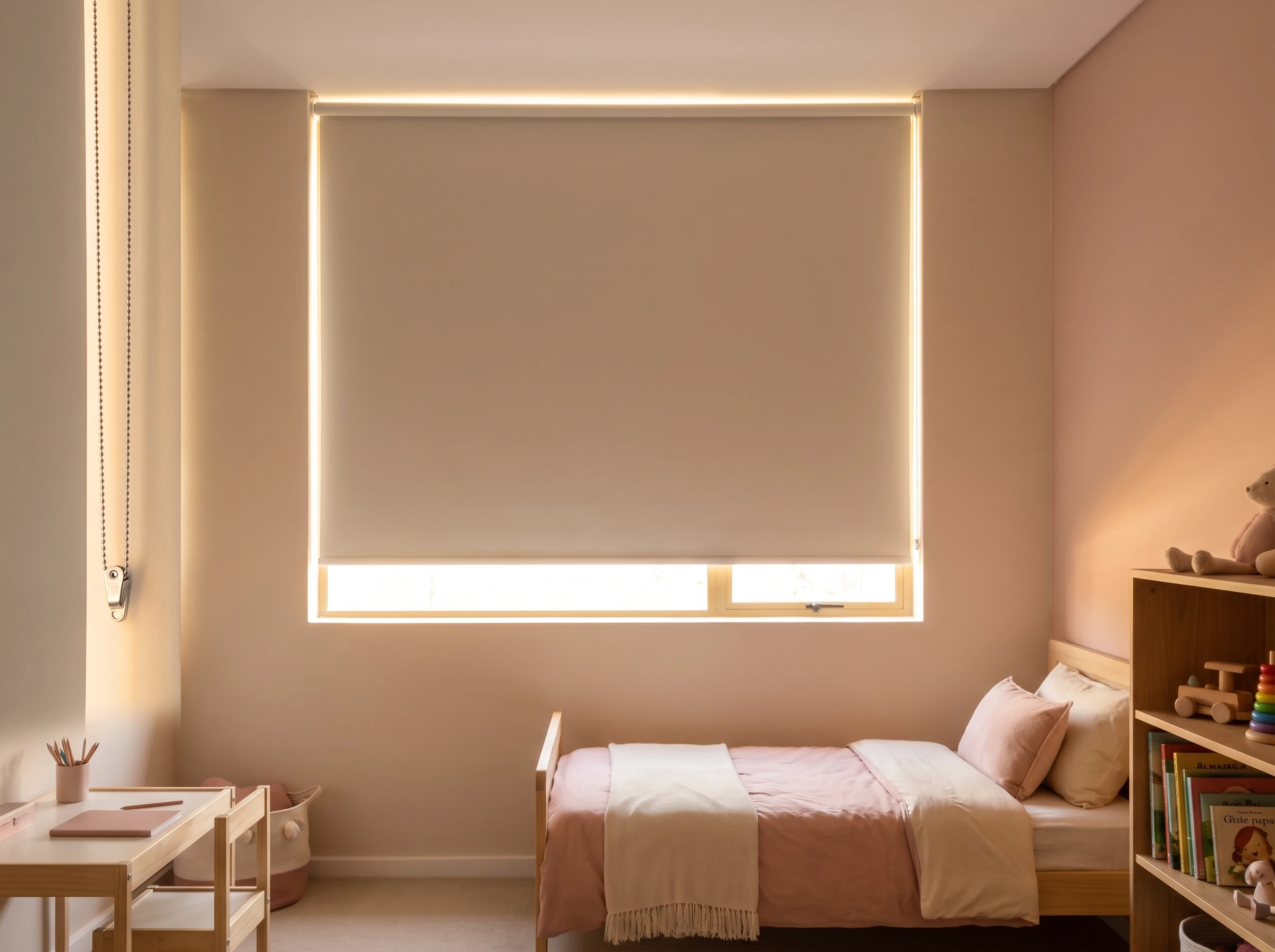 Blockout roller blind fully lowered over a child's bedroom window in a Kraaifontein family home, warm morning light glowing at the fabric edges