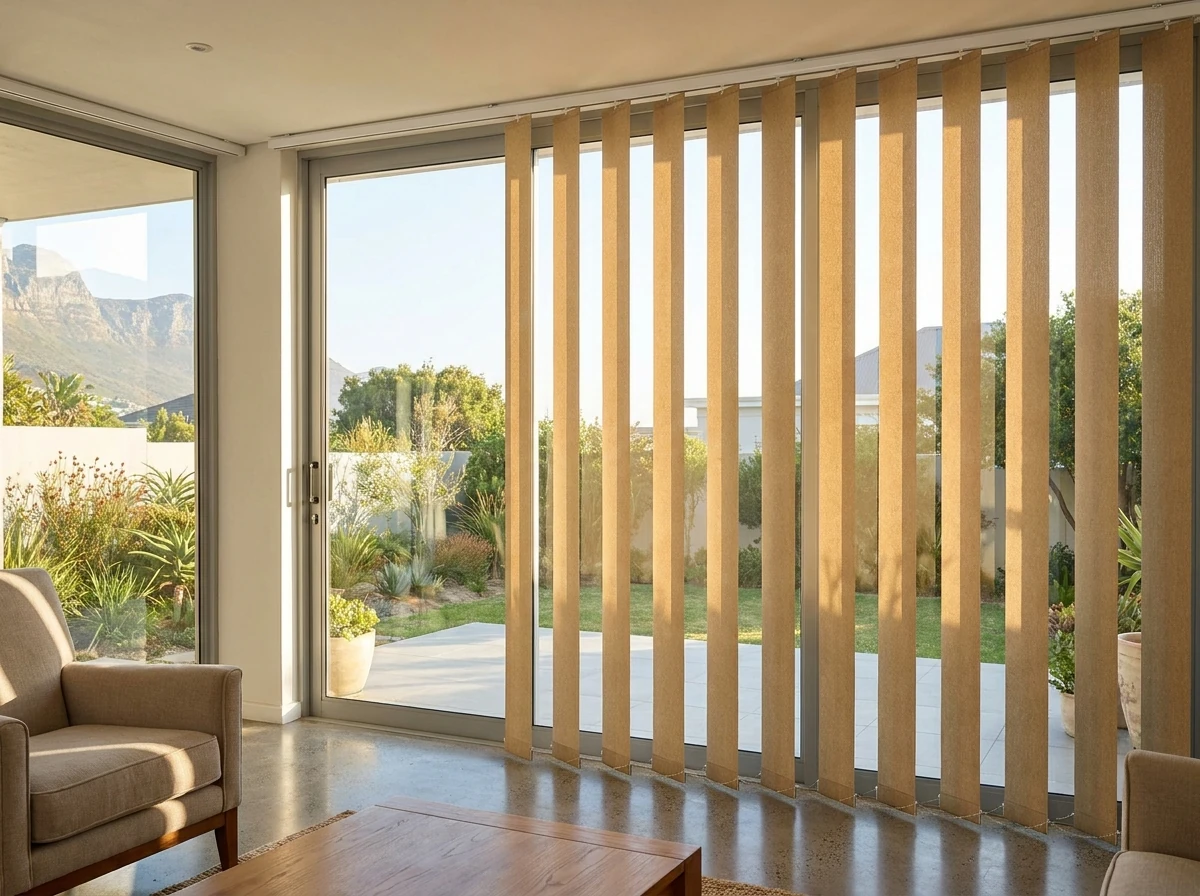 Vertical blind vanes tilted open beside a wide sliding door onto a Kraaifontein back garden