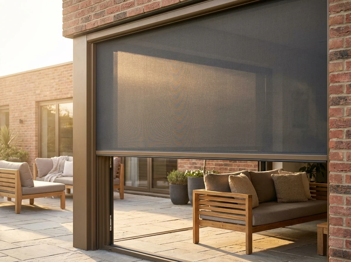 Zip screen with sunscreen mesh fabric locked into aluminium side channels enclosing a patio in a Kraaifontein family home