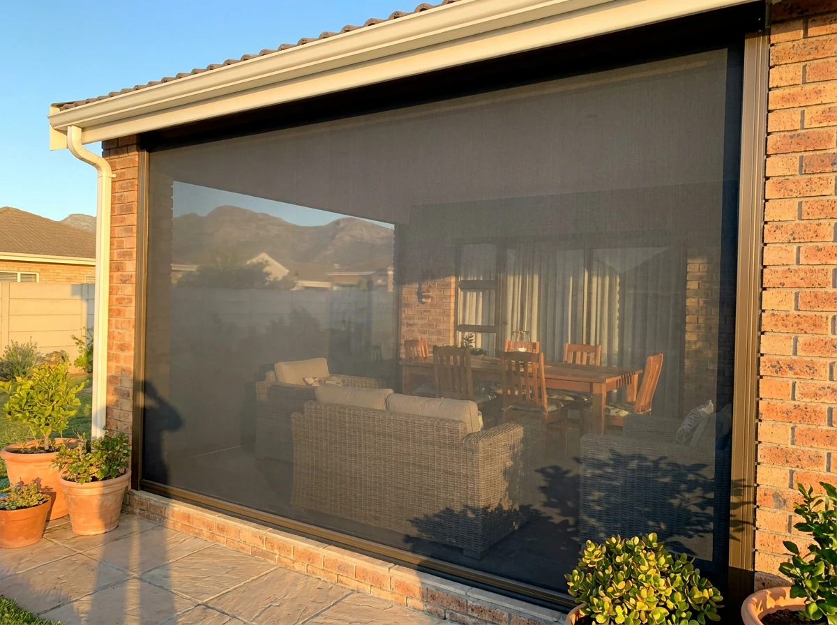 Zip screen with sunscreen mesh fabric locked in aluminium side channels enclosing a patio entertaining area in a family home in Kuils River, Cape Town